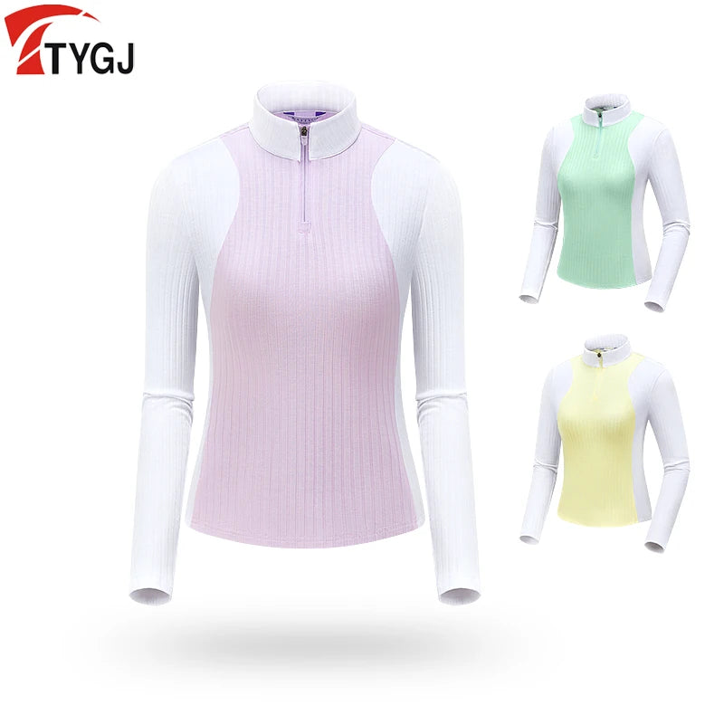 TTYGJ Autumn Spring Golf Clothing Women Contrast Color Golf Base Shirt Ladies Zipper Collar Soft Tops Slim Casual Sportswear