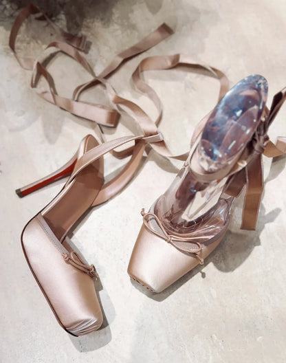 Women's Square-Toed Satin High Heel Sandals With Ankle Straps