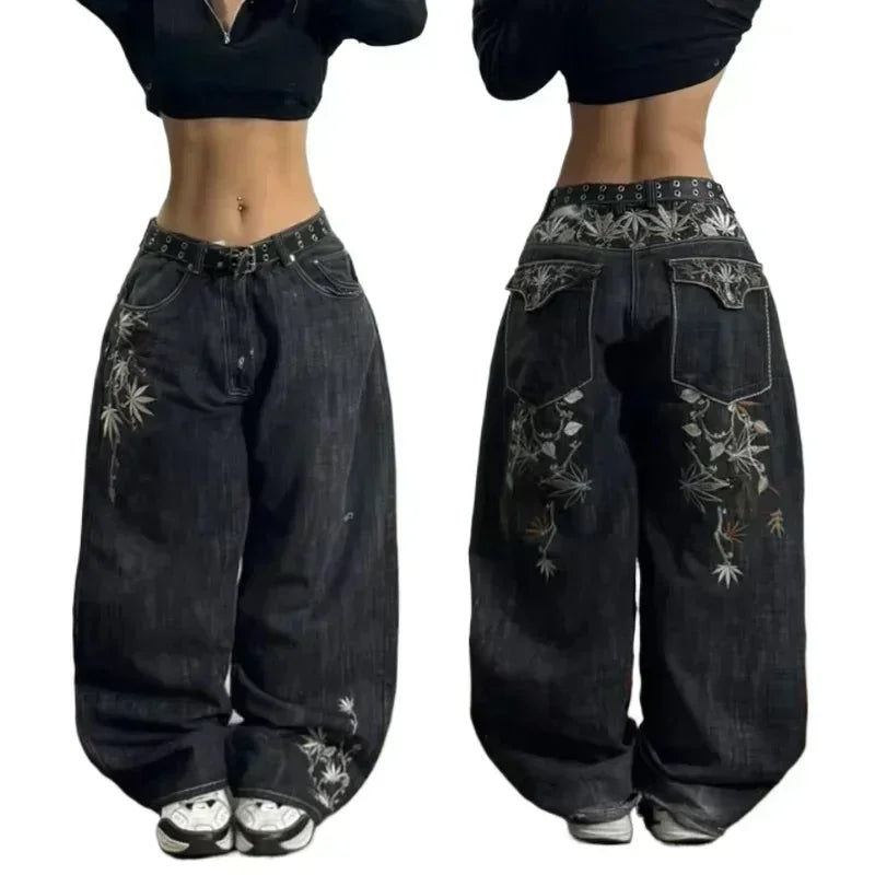 2024 New American Trend Retro Hip-hop Embroidery Pattern Baggy Jeans For Men And Women Y2K Harajuku Gothic Wide Pants Streetwear