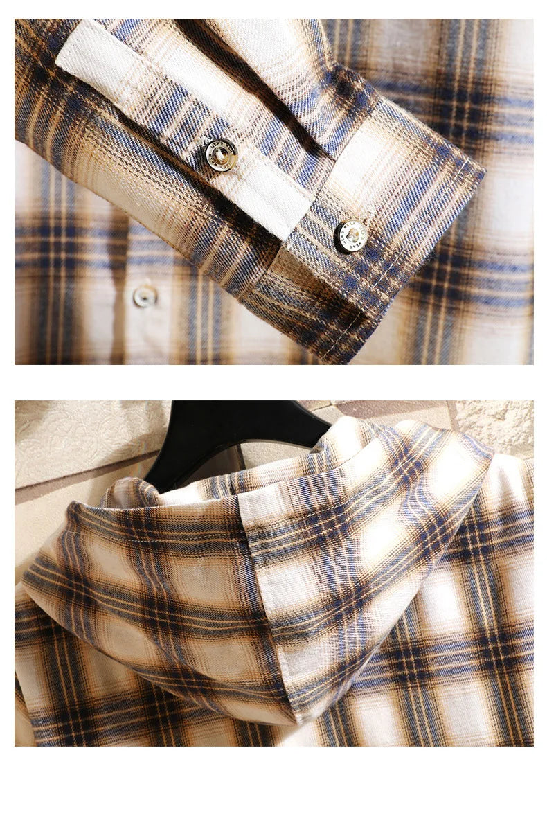 Hooded Cardigan Shirts Men Single Breasted T Shirt Long Sleeve Hooded Blouses Plaid Casual Shirts Pockets Outerwear Loose