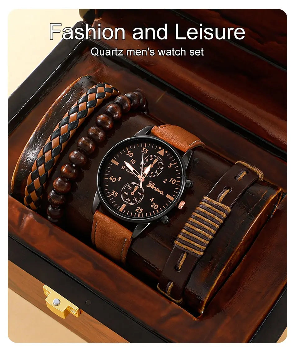 Elegant Leather Watch & Bracelet Set for Men – Fashion Quartz Wristwatch