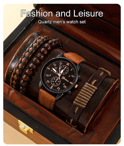 Elegant Leather Watch & Bracelet Set for Men – Fashion Quartz Wristwatch