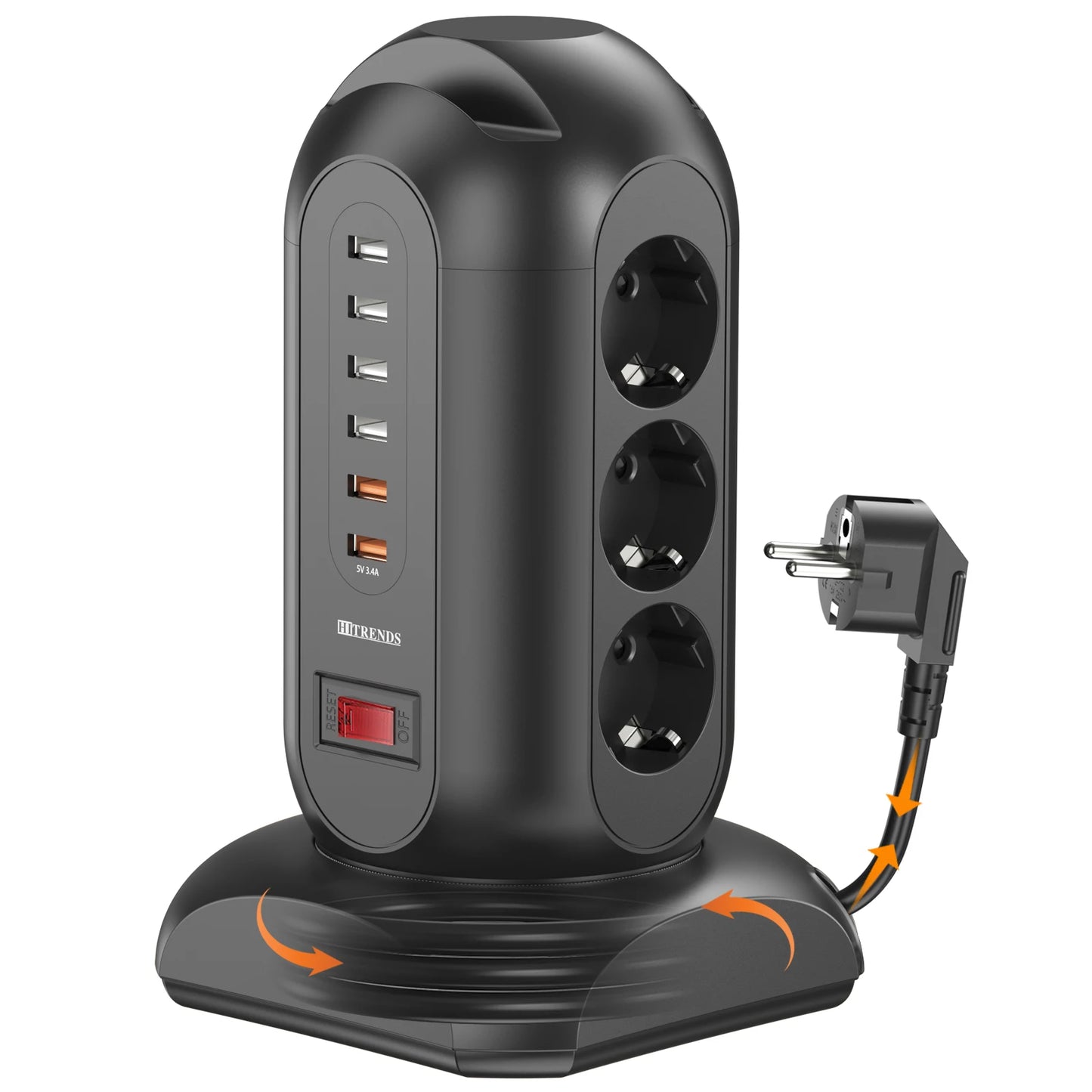 9 way Multiple Socket Power Strip with 6 USB Vertical EU Outlets Tower Socket with 1.8M Extension Cord Surge Protection for home