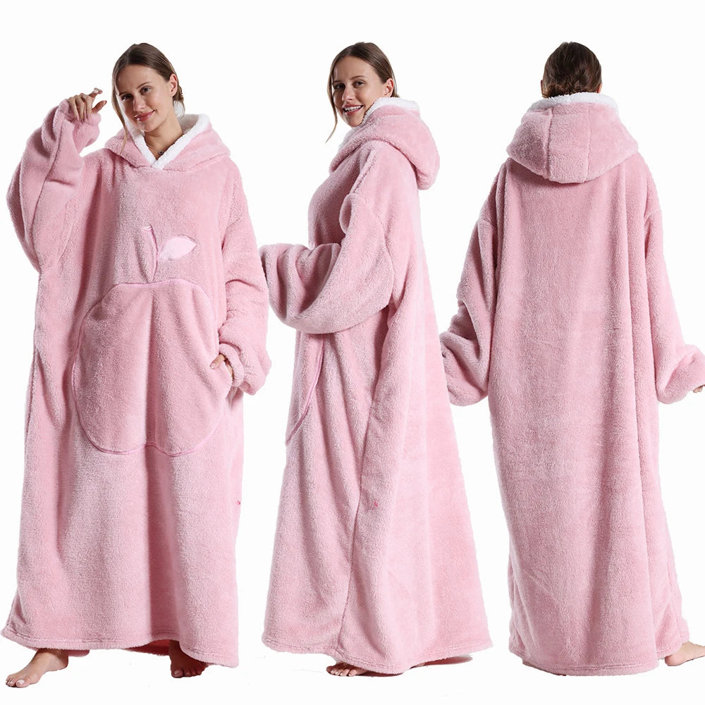 Extra Long Hooded Blanket – Winter Flannel Wearable Throw with Full Sleeves