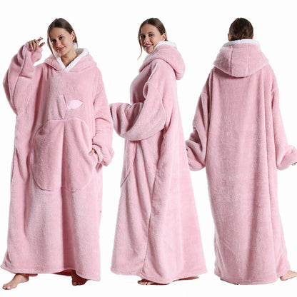 Extra Long Hooded Blanket – Winter Flannel Wearable Throw with Full Sleeves