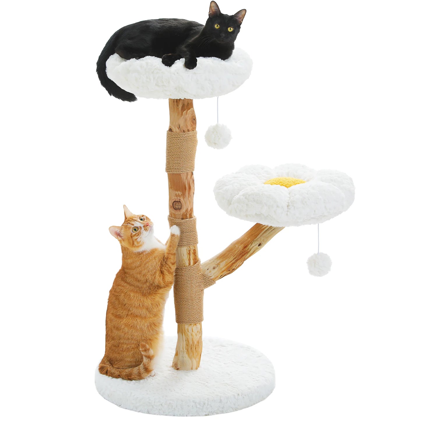 Solid Wood Cat Tree Modern Cat Tower with Spacious Cat Condo,Flower Perches,Fun Pompom,Double Comfort Perfect for Indoor Kittes