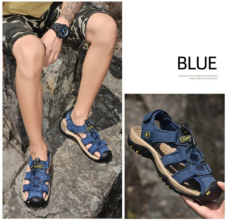 Men's Leather Sandals Handmade Thick Rubber Sole Breathable Slip On