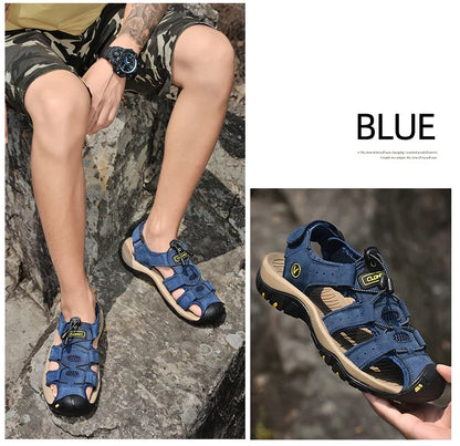 Men's Leather Sandals Handmade Thick Rubber Sole Breathable Slip On