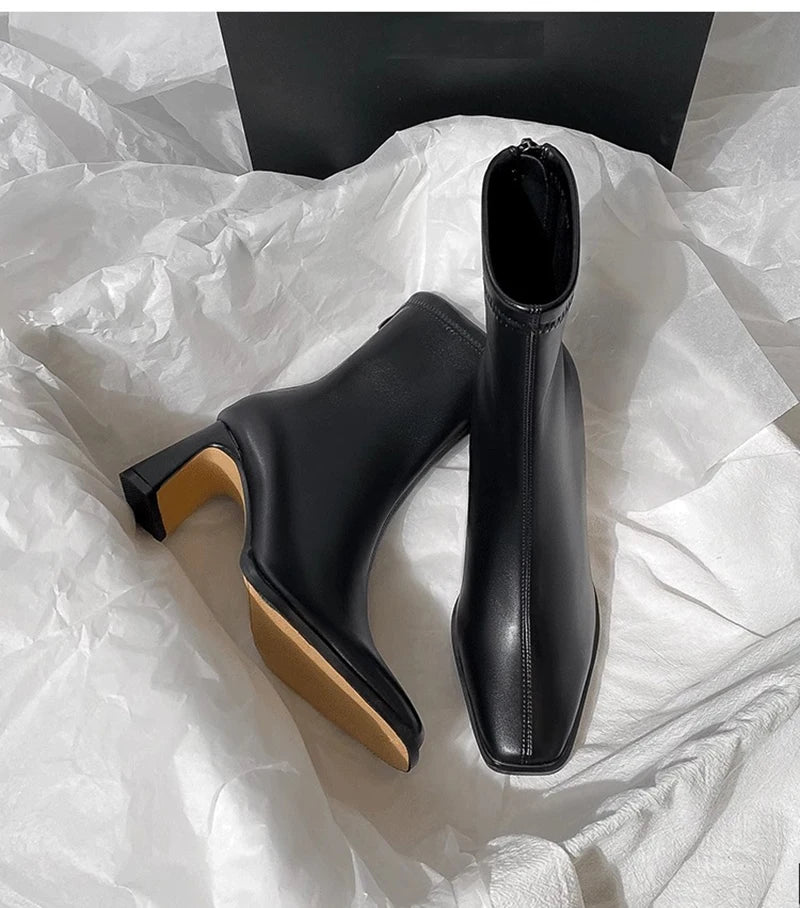 Vintage Warm Cotton Women Ankle Boots Fashion Elegant Square Toe Shoes Autumn Winter Thick Heel Women's Short Booties