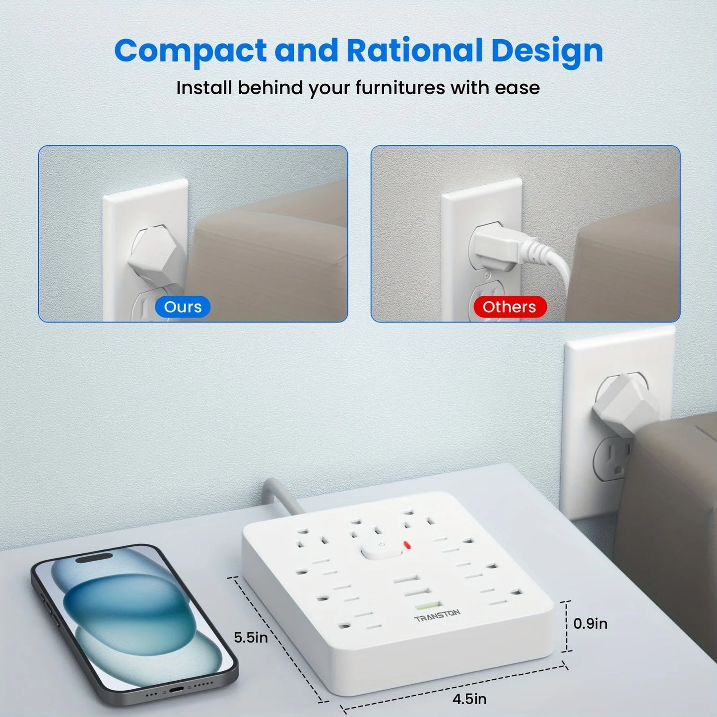 TRANSTON   Power strip with Surge Protector, 9 power strip   3 USB Ports,5ft Extension Cord, Quick Charge, For Home and Off