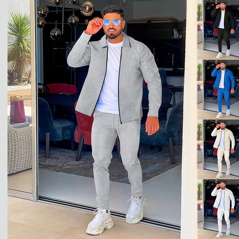 2024 men's new waffle long-sleeved lapel zipper cardigan casual sports suit
