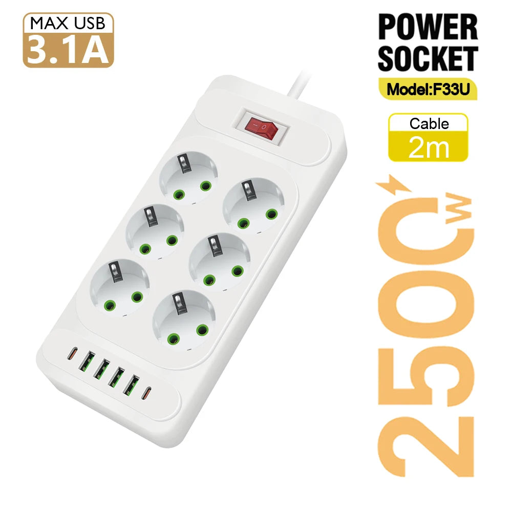 EU Plug 3-Outlet Power Strip With USB Surge Protector 2m Extension Cord Plastic