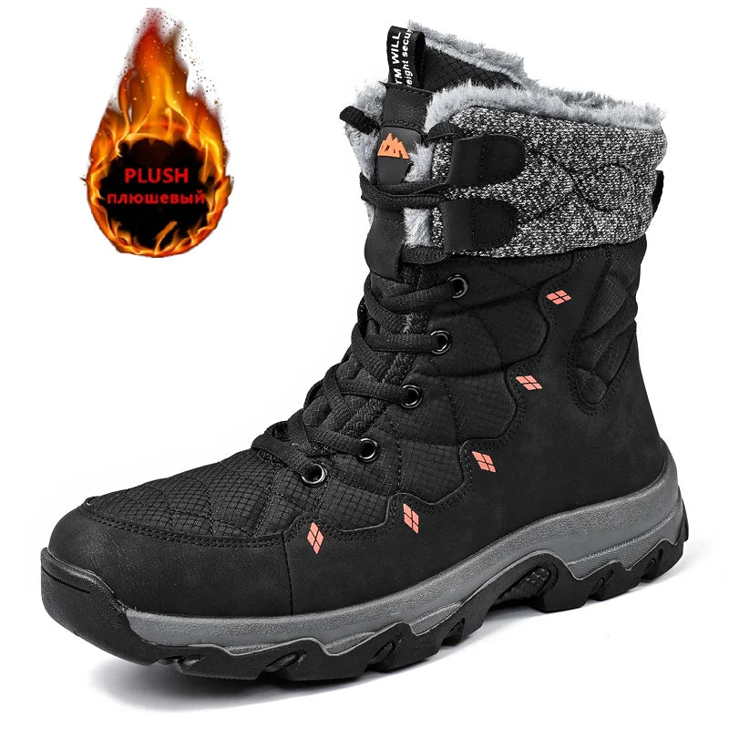 Men's Winter Snow Boots Leather Waterproof Mid-Calf Plush Lining Lace-Up