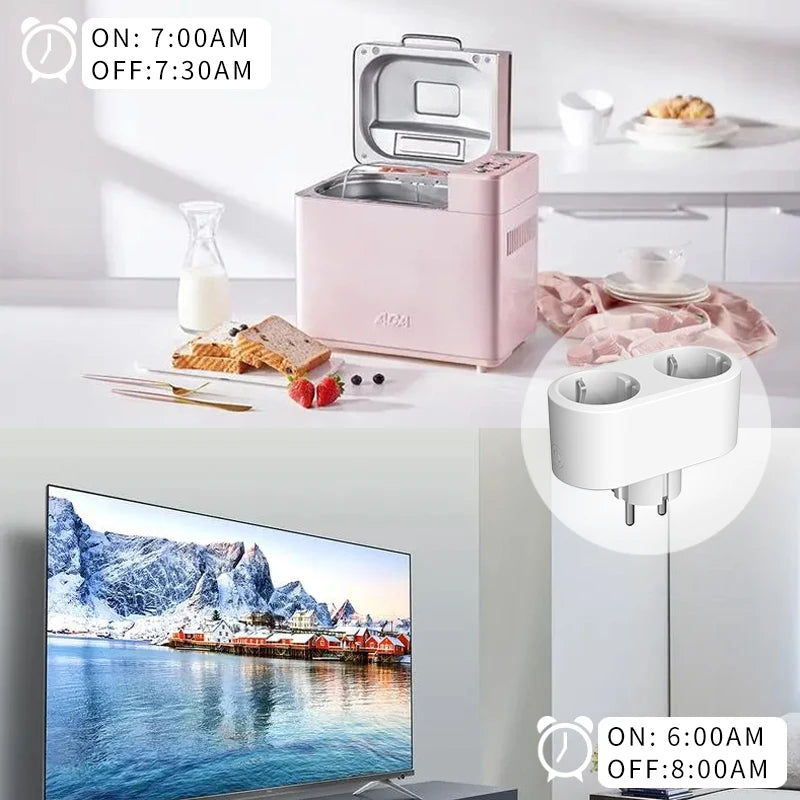 Tuya Wifi Smart Dual Plug Socket Eu 16A 20A 2 in 1 Function with Power Monitor Voice Control Smart Life Works with Alexa Google