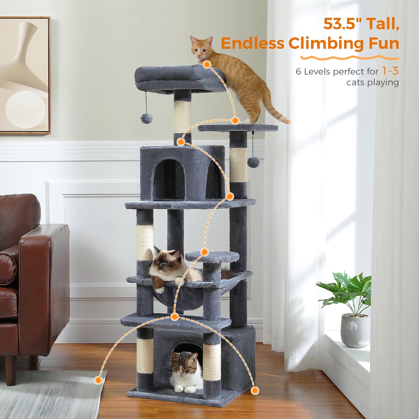 6-levels Cat Tree Tower with Joyful Pompom,Cozy Hammock,Double Condos,2 Top Perches,5 Scratching Posts Perfect for Indoor Cats