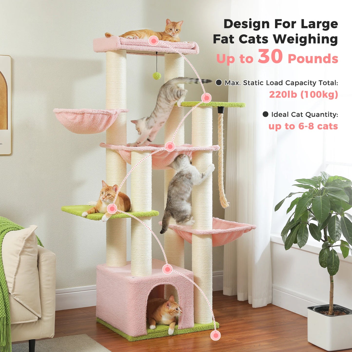 Multi-Level Cat Tree with Scratching Posts, Cozy Condo, Super Large Perch, Deep Hammocks, Tall Cat Tower for Indoor Adult Cats