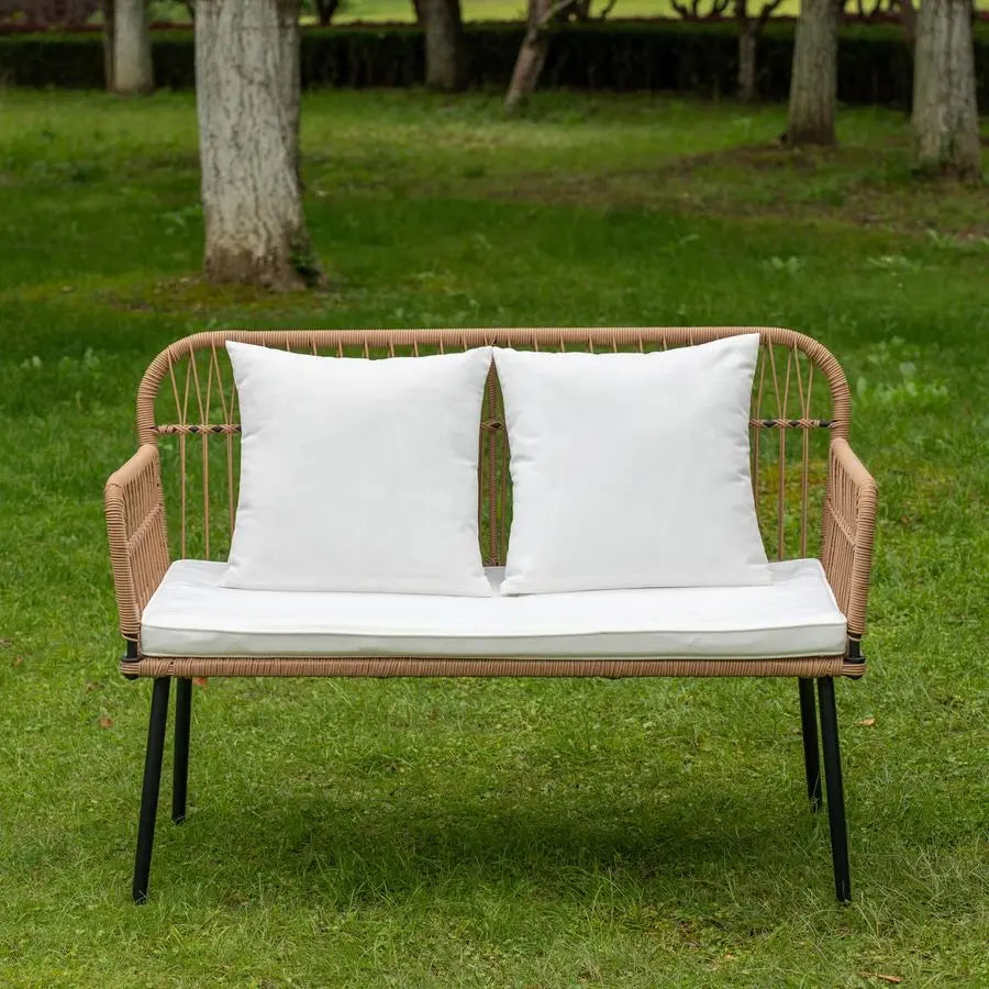 Garden Outdoor Patio Love Seat,Boho Rattan Chair Sofa Wicker Couch All Weather Couple Seat,Beige Rattan White Cushion Balcony Ch