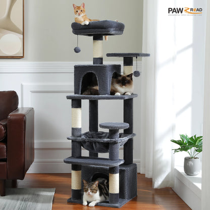 Cat Tree Tower With Five Levels, Wood Frame, Plush Fabric, Sisal