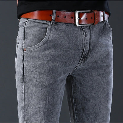 Men's Slim Fit Jeans Gray Elastic Mid-Waist Denim Straight Leg