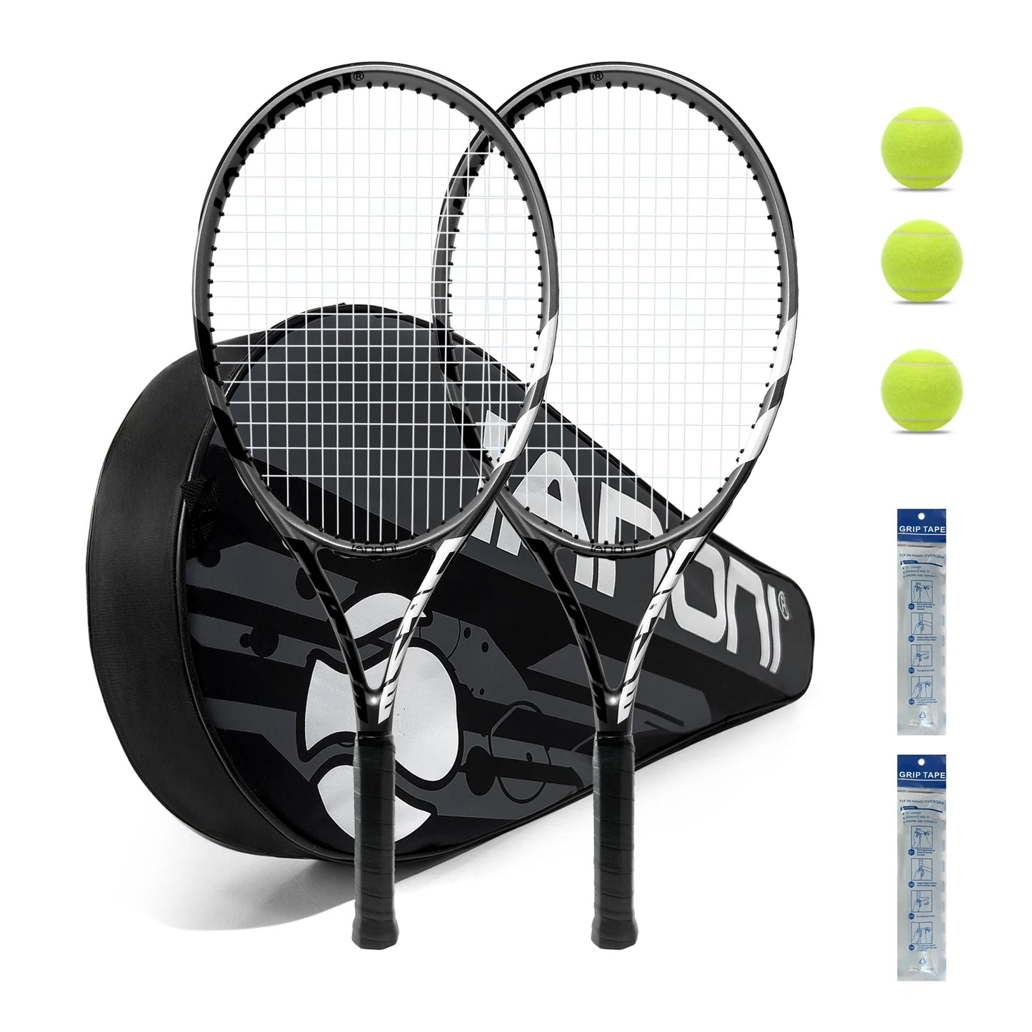 Tennis Rackets for Adults, Pre-Strung 27 Inch Tennis Racquets-2 Player Tennis Racket Set with 3 Balls,2 Grips, 2 Vibration Dampe