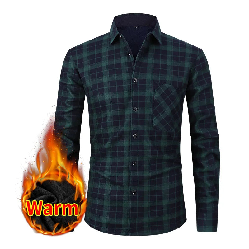 American size men's shirt long sleeve autumn winter warm plus fleece thickened plaid large size fashion free iron
