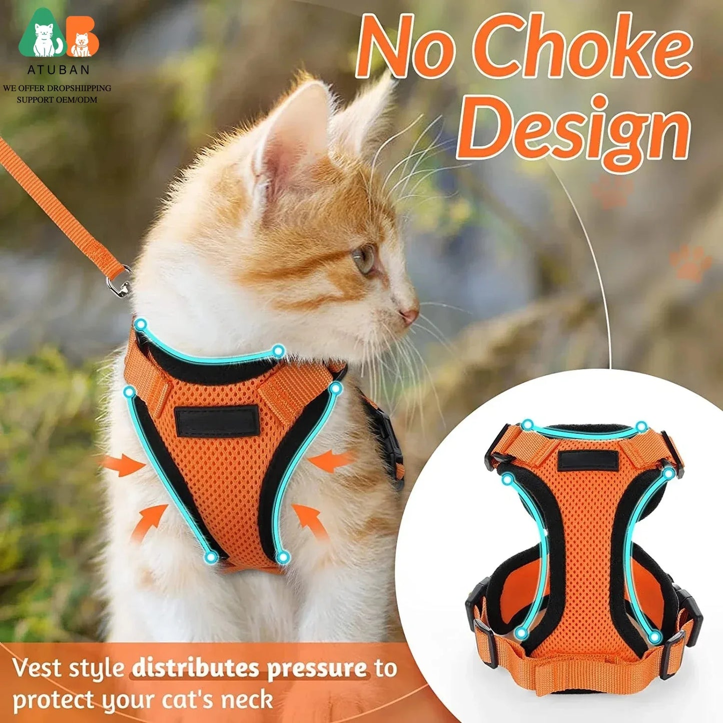 ATUBAN Cat Harness and Leash for Walking,Escape Proof Soft Adjustable Vest Harnesses for Cat,Breathable Reflective Strips Jacket