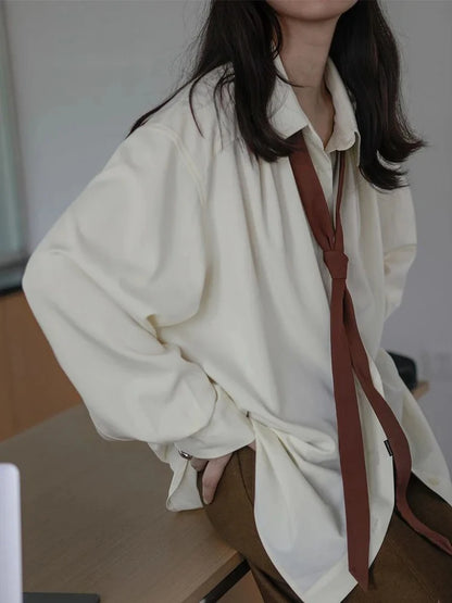 Women Oversize Long Sleeve Button Up Broadcloth Shirt Korean Style