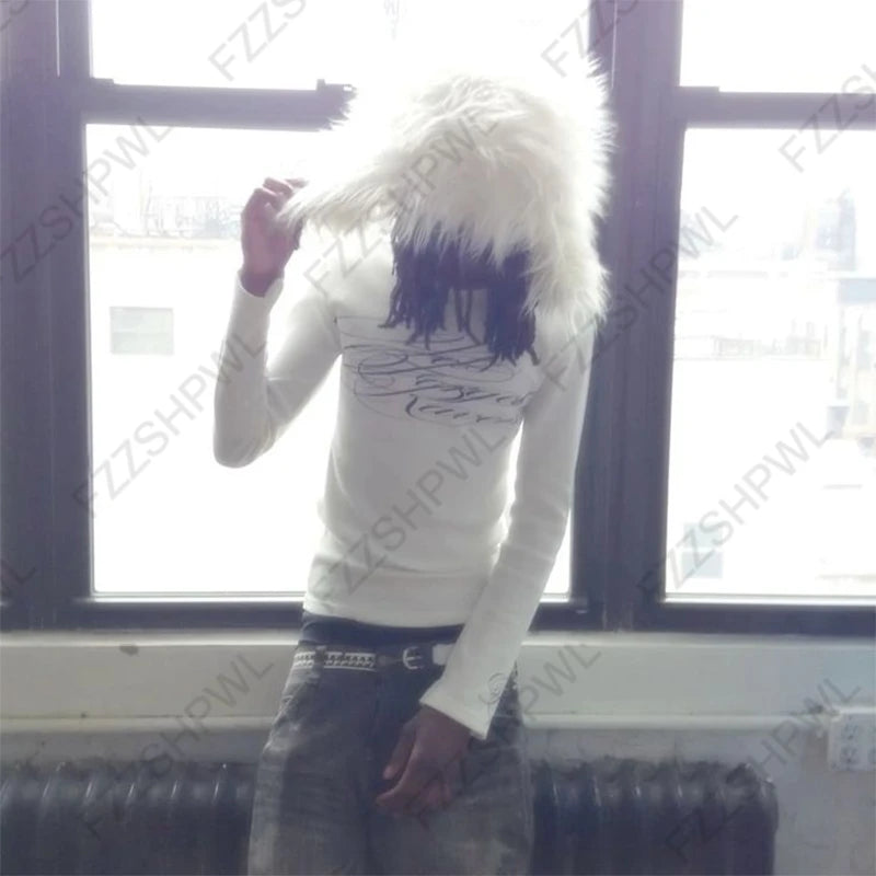 Hip Hop Punk Grunge Men Women Long Sleeve T-Shirt Casual Slim Chic Gothic Letter Print O-Neck Top Y2K Harajuku Unisex Streetwear