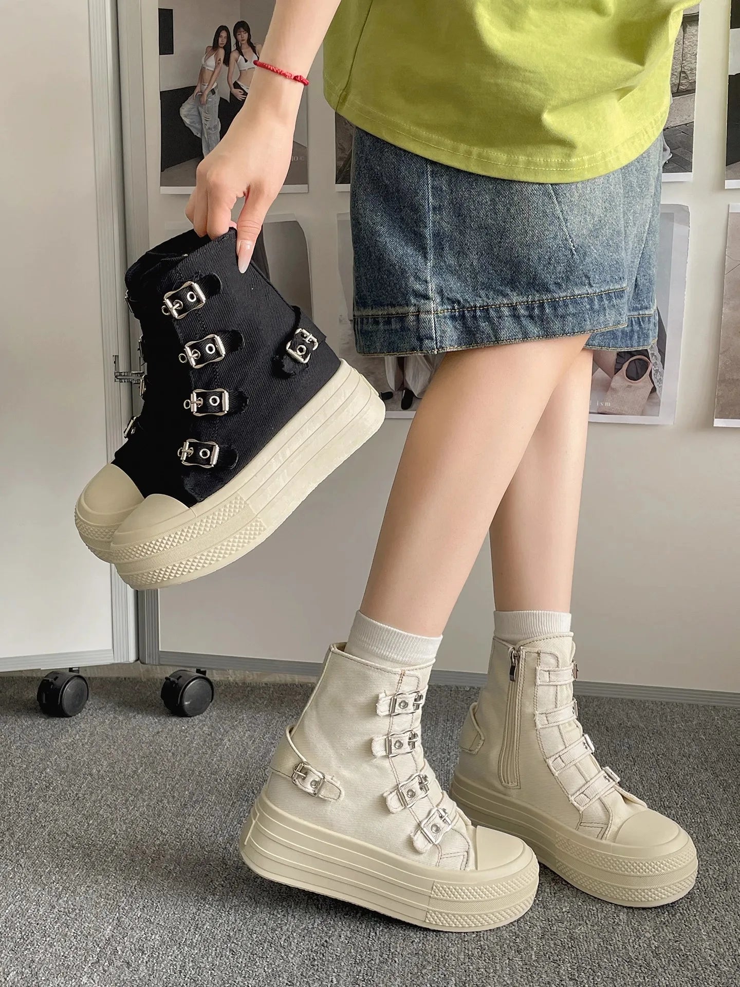 CHABELLA Women's High Top Canvas Shoe Design Buckle Strap Zip Simplicity Female Shoes 2025  High Street Grace Waling Shoes