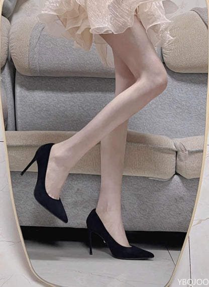 Womens Suede Pointed-Toe Pumps, Black, 8 cm Heel, Slip-On