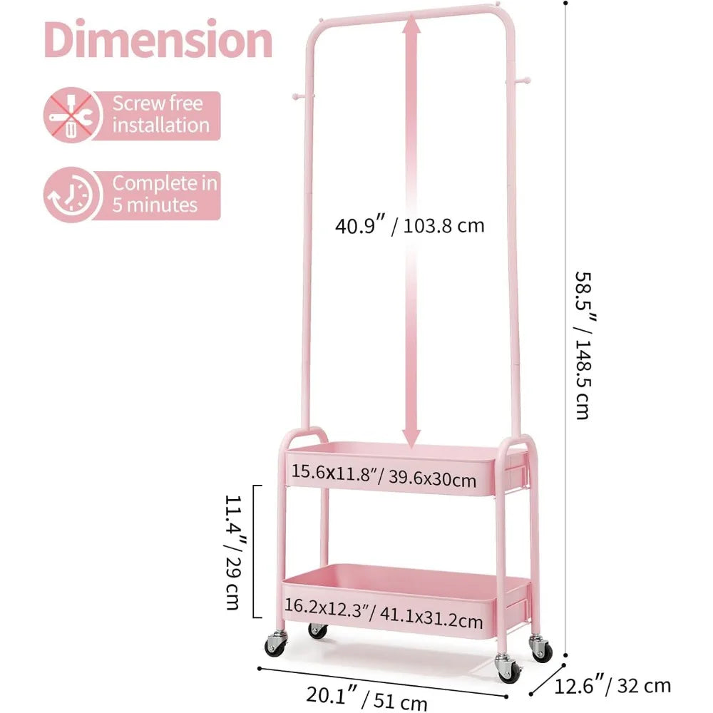 Kids Rolling Clothes Rack with Wheels and Baskets, Pink Storage Organizer for Children's Bedroom