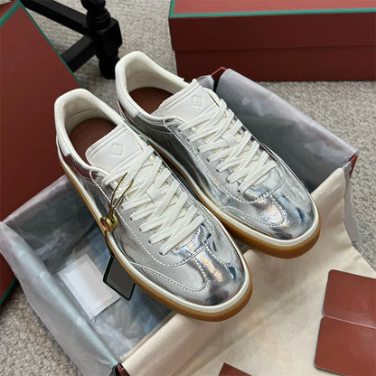 Men's Genuine Leather Lace Up Round Toe Trainer Shoes White