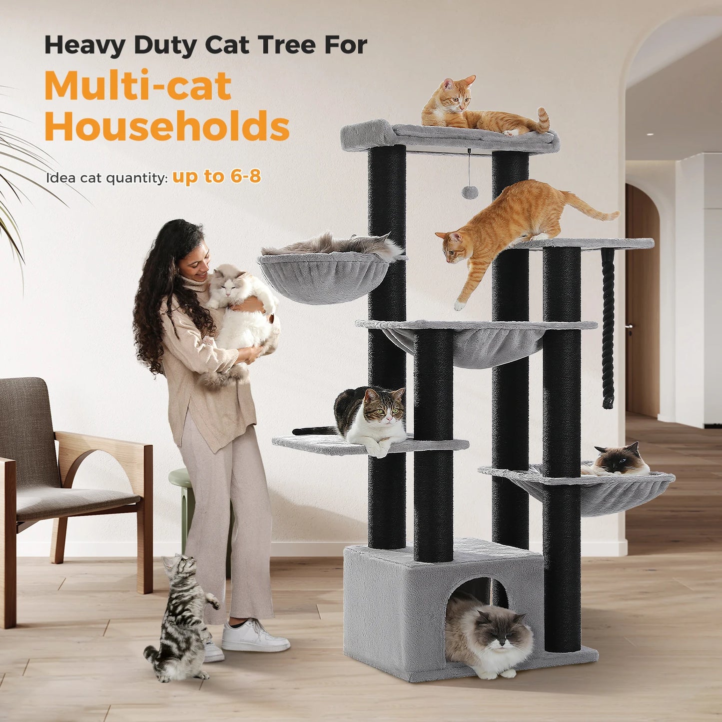 Multi-Level Cat Tree with Scratching Posts, Cozy Condo, Super Large Perch, Deep Hammocks, Tall Cat Tower for Indoor Adult Cats