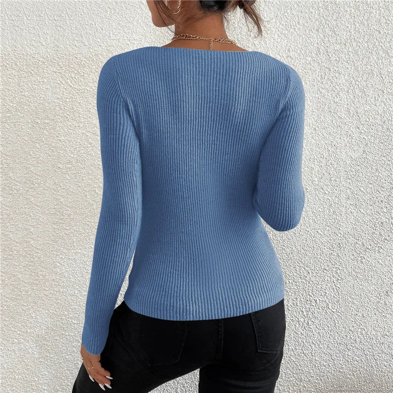 2025 Autumn Winter Women Solid Rib Knit V Neck Stripe Pull Sweater Femme Y2k Long Sleeve Pullover Jersey Tops Fashion Clothes