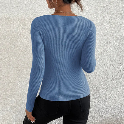 Women Rib Knit V Neck Stripe Pullover Sweater Long Sleeve Acrylic Cotton
