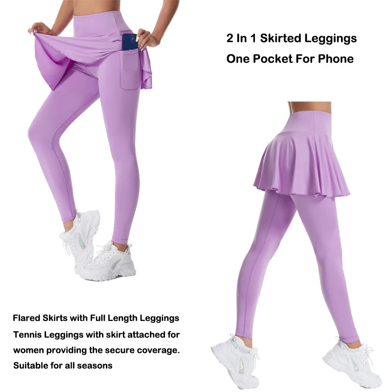 VITALINOVO Tennis Skirted Leggings with Pocket for Women High Waisted Active Skort Active Ruffle Pleated Golf Skapri with Skirt