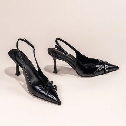 Women Black Pointed Toe Stiletto High Heel Shoes Back Strap Buckle Decor