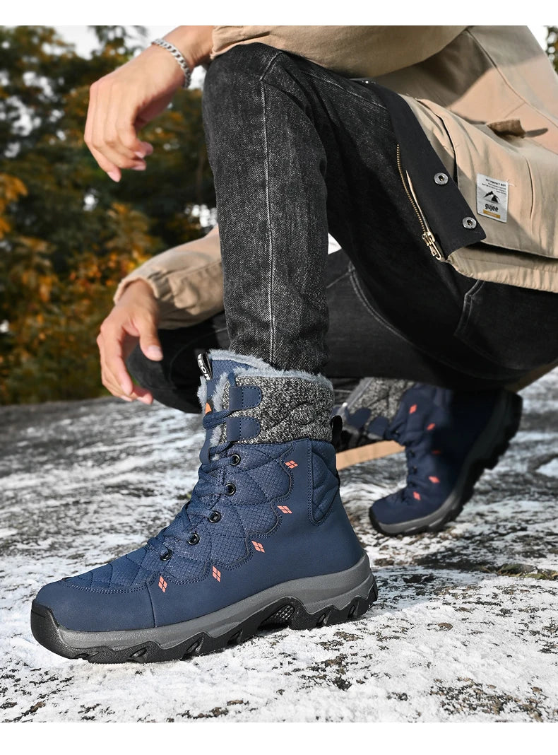 Men's Winter Snow Boots Leather Waterproof Mid-Calf Plush Lining Lace-Up