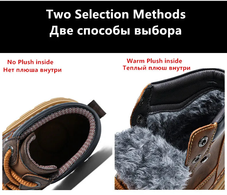 Men's Winter Snow Boots Leather Plush Lining Ankle High Lace Up