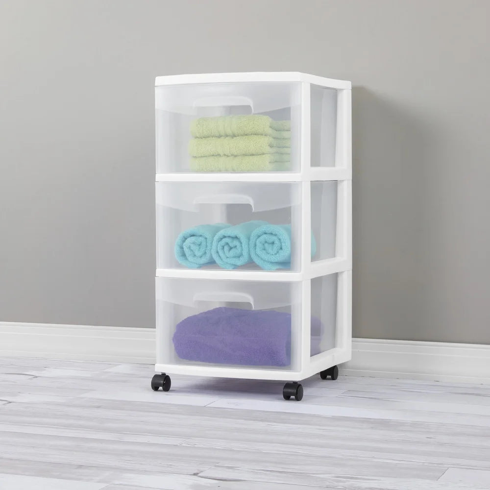 3 Drawer Plastic Storage Cart Rolling Organizer Multi-purpose Clear Bins Bedroom Kitchen Bathroom Craft Room Toy Organizer
