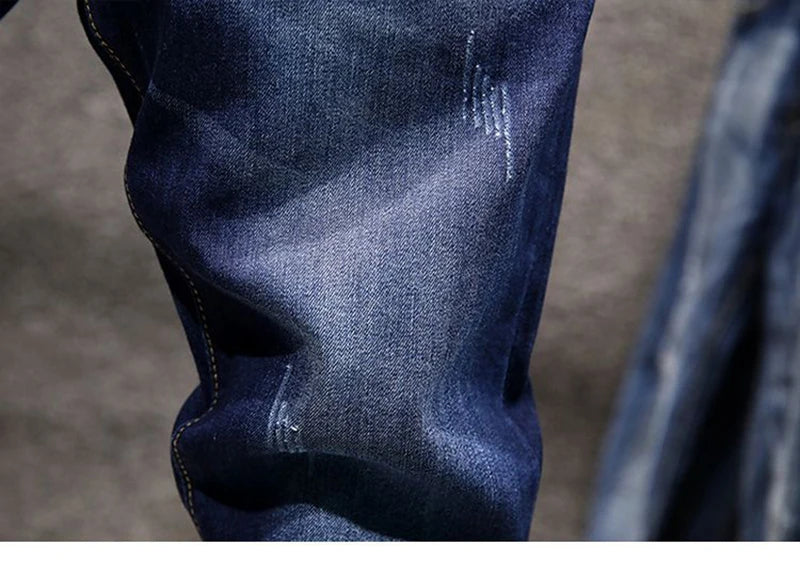 Men's Slim-Fit Elastic Jeans, Ripped Denim, Cotton, Blue Black