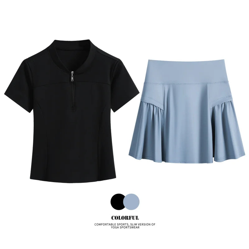 DRUR Women Tennis Skirt Set Summer Slim Fit Lightweight Gym Outfit 2 Piece Sport Top Skort Suit 2pcs Tracksuit Ladies Golf Wear