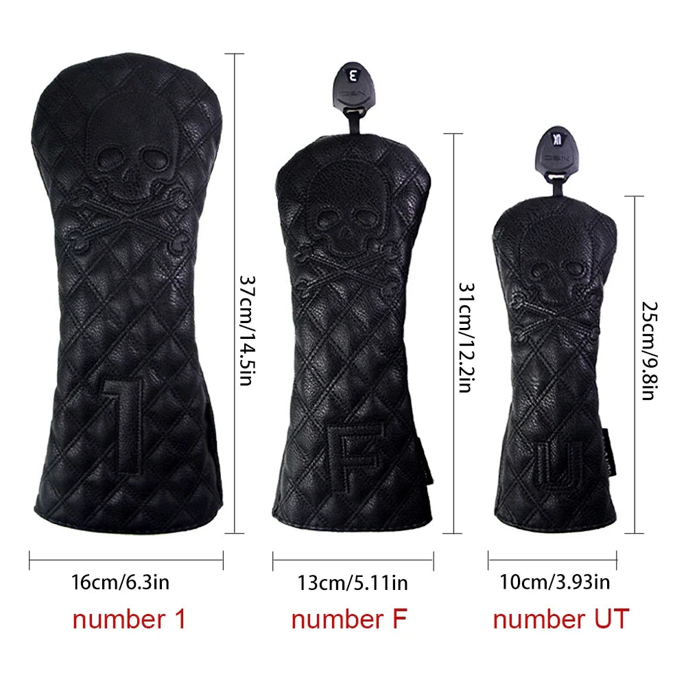 GLOOF Golf Skull Skeleton Head Cover Golf Club Black Leather cover set Fits Driver Fairway Wood Hybrid Golf supplies