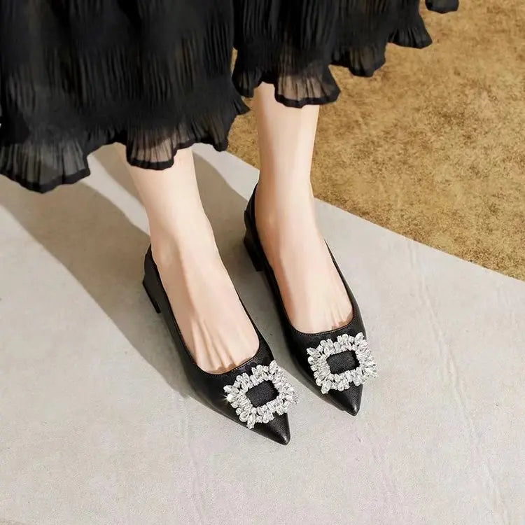 Women's Elegant Black Mid Block Heels Pumps with Crystal Rhinestone Pointed Toe Dress Shoes