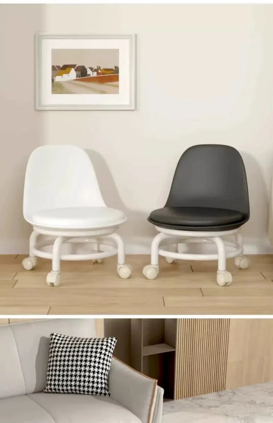 Household Backrest Pulley Low Stool Waist Protection 360 Degree Rotating Versatile Round Stools Modern Simple Universal Wheel