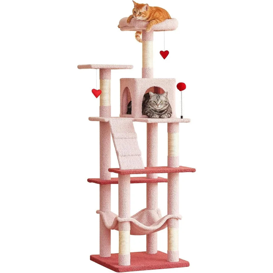 Cute Cat Tree 63.8-Inch Pink Cat Tower for Indoor Cats Multi-Level Cat Condo with 5 Scratching Posts 2 Perches Hammock Dangling