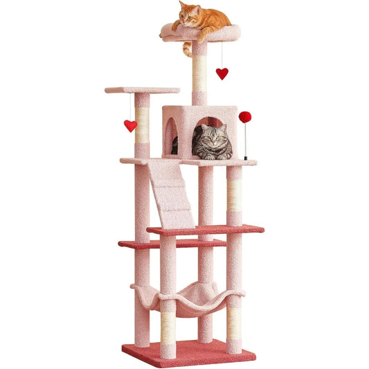 Cute Cat Tree 63.8-Inch Pink Cat Tower for Indoor Cats Multi-Level Cat Condo with 5 Scratching Posts 2 Perches Hammock Dangling