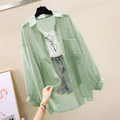 Chiffon See-Through Loose-Fit Long Blouse For Women
