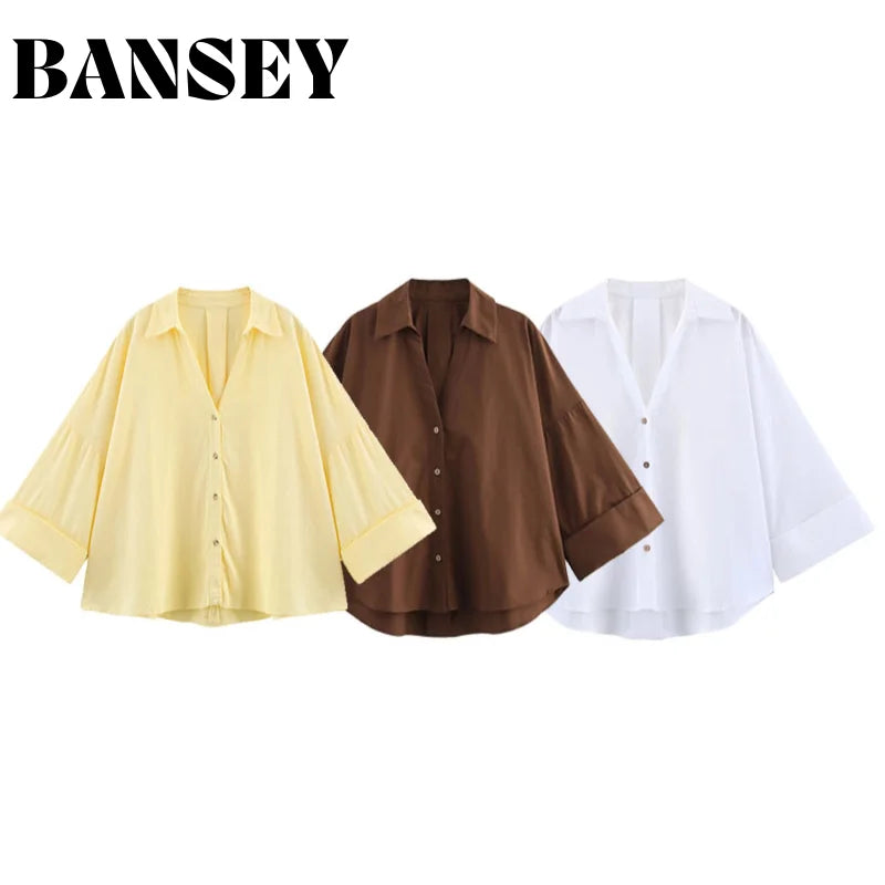 2025 Spring Summer Women Long Sleeve V Neck Solid Color Blouse Shirt Office Wear Casual Work Loose Fit Lightweight Chic Tops