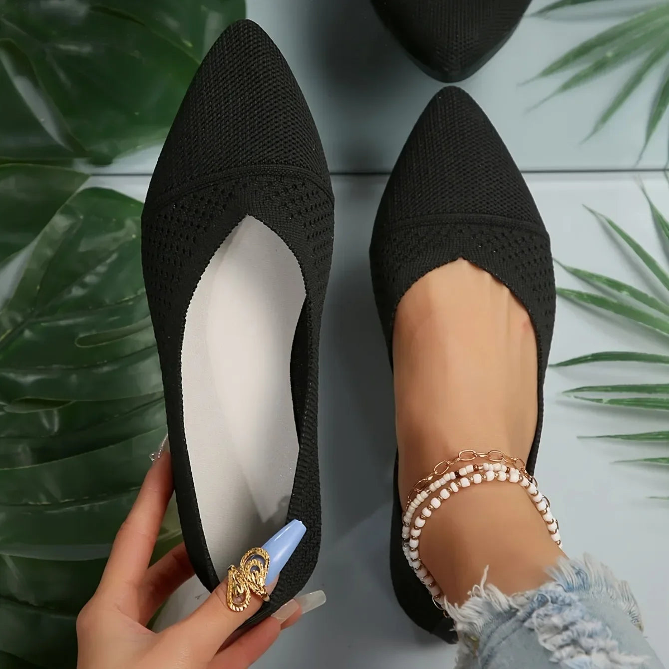 Women's Pointed Toe Flat Shoes Solid Color Knitted Slip on Ladies Shoes Casual Breathable Ballet Women Flat Shoes Loafers Women